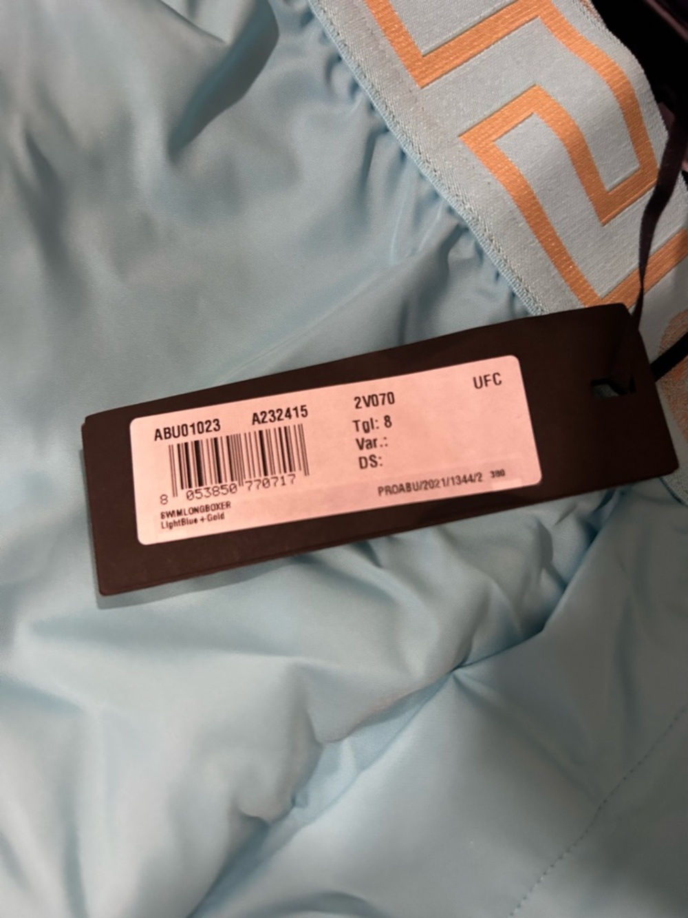 Versace Turquoise Swim Trunks with Gold Waistband - Picture 6 of 9